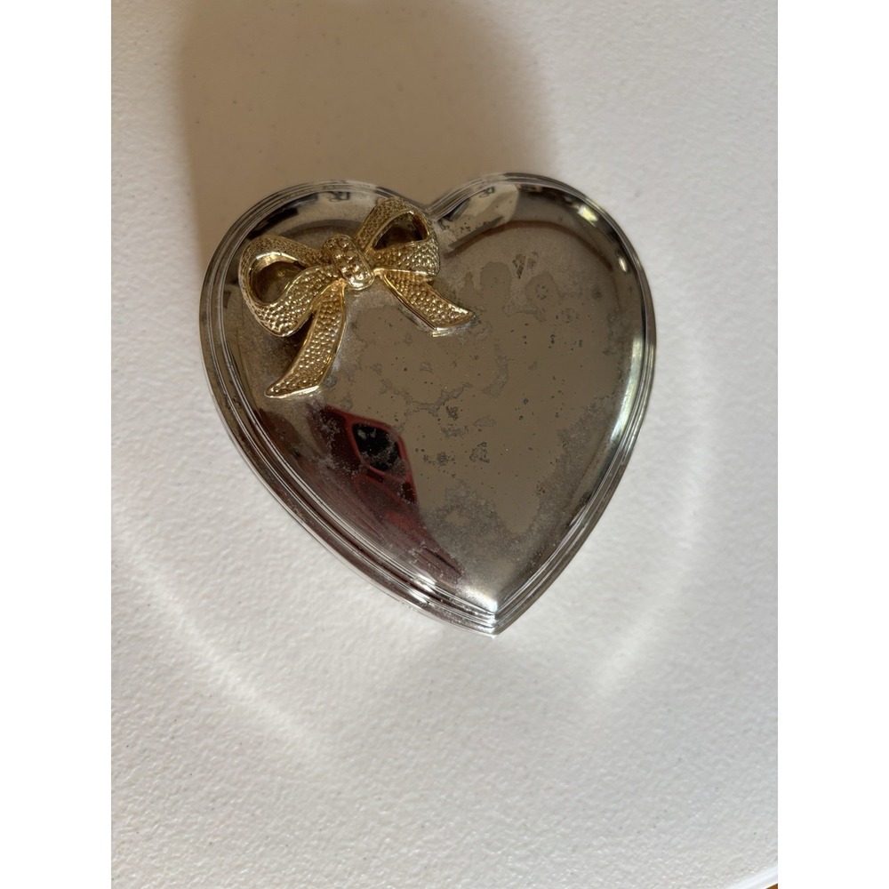 Vintage Silver Plated Heart Shaped Trinket Box With A Gold Colored Bow